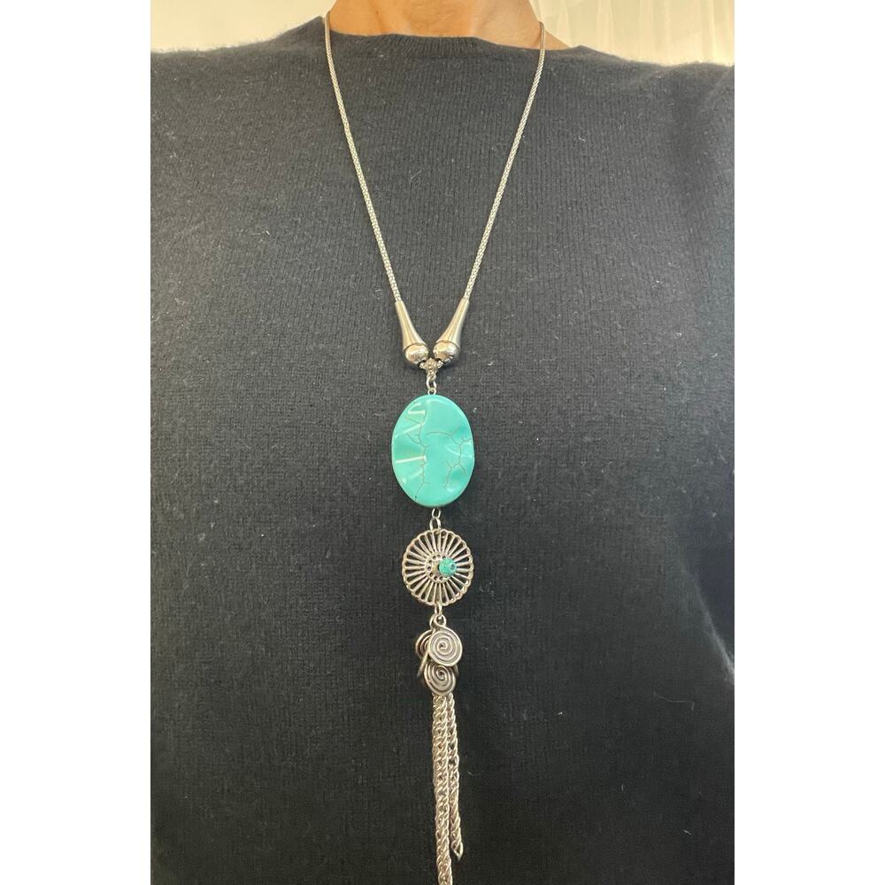 Turquoise (faux) Pendant Necklace on long Chain Silver tone metal Fashion piece